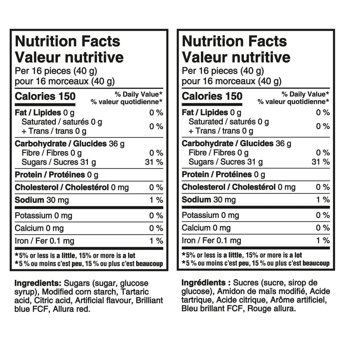 Nutrition facts label for Sour Patch Kids ICE POP MIX Gummy Candy, 150g/5.2 oz with detailed calorie and ingredient information.